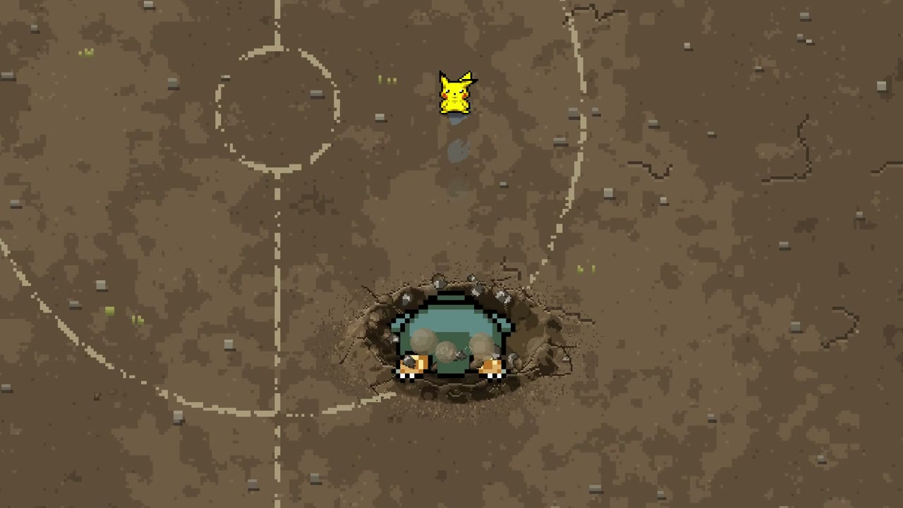 A Pokémon bursting out of a crater on a dirt arena, with a Pikachu watching from above